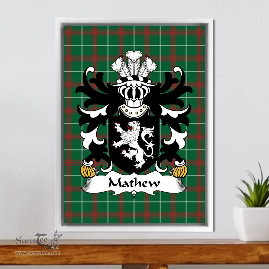ScotsTee Shop Welsh Mathew (of Llandaff, Glamorganshire) Coat of Arms Family Crest Welsh National Tartan Framed Canvas Print