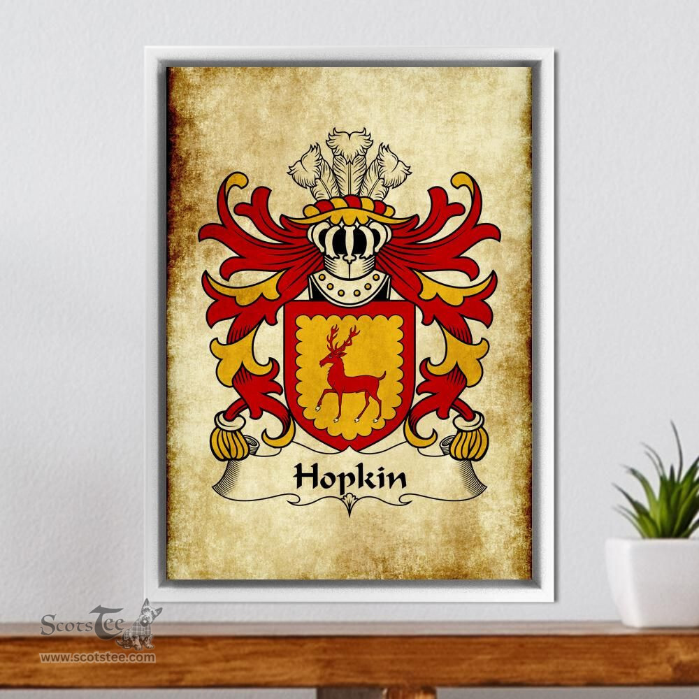 ScotsTee Shop Welsh Hopkin (DAVID- of Dan-y-graig, Swansea) Coat of Arms Family Crest Welsh Framed Canvas Print