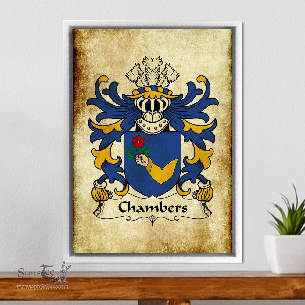 ScotsTee Shop Welsh Chambers (of Denbighshire) Coat of Arms Family Crest Welsh Framed Canvas Print