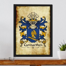 ScotsTee Shop Welsh Carmarthen (Priory of St John the Evangelist) Coat of Arms Family Crest Welsh Framed Canvas Print