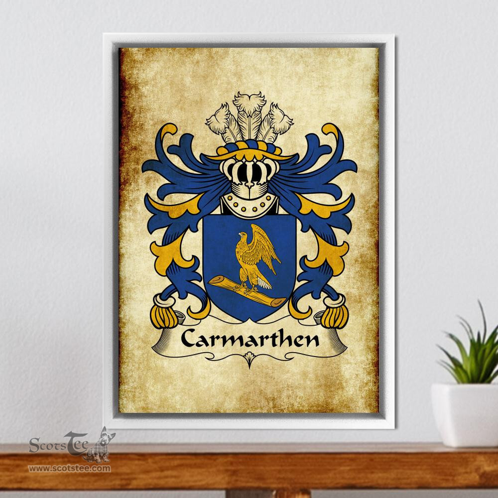 ScotsTee Shop Welsh Carmarthen (Priory of St John the Evangelist) Coat of Arms Family Crest Welsh Framed Canvas Print