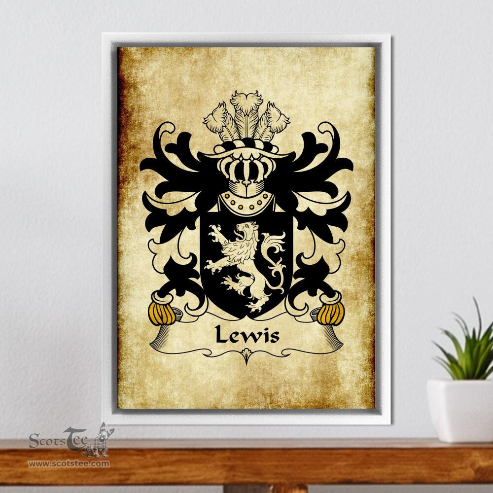 ScotsTee Shop Welsh Lewis (of Y Fan or Van, Caerphilly, Glamorgan) Coat of Arms Family Crest Welsh Framed Canvas Print