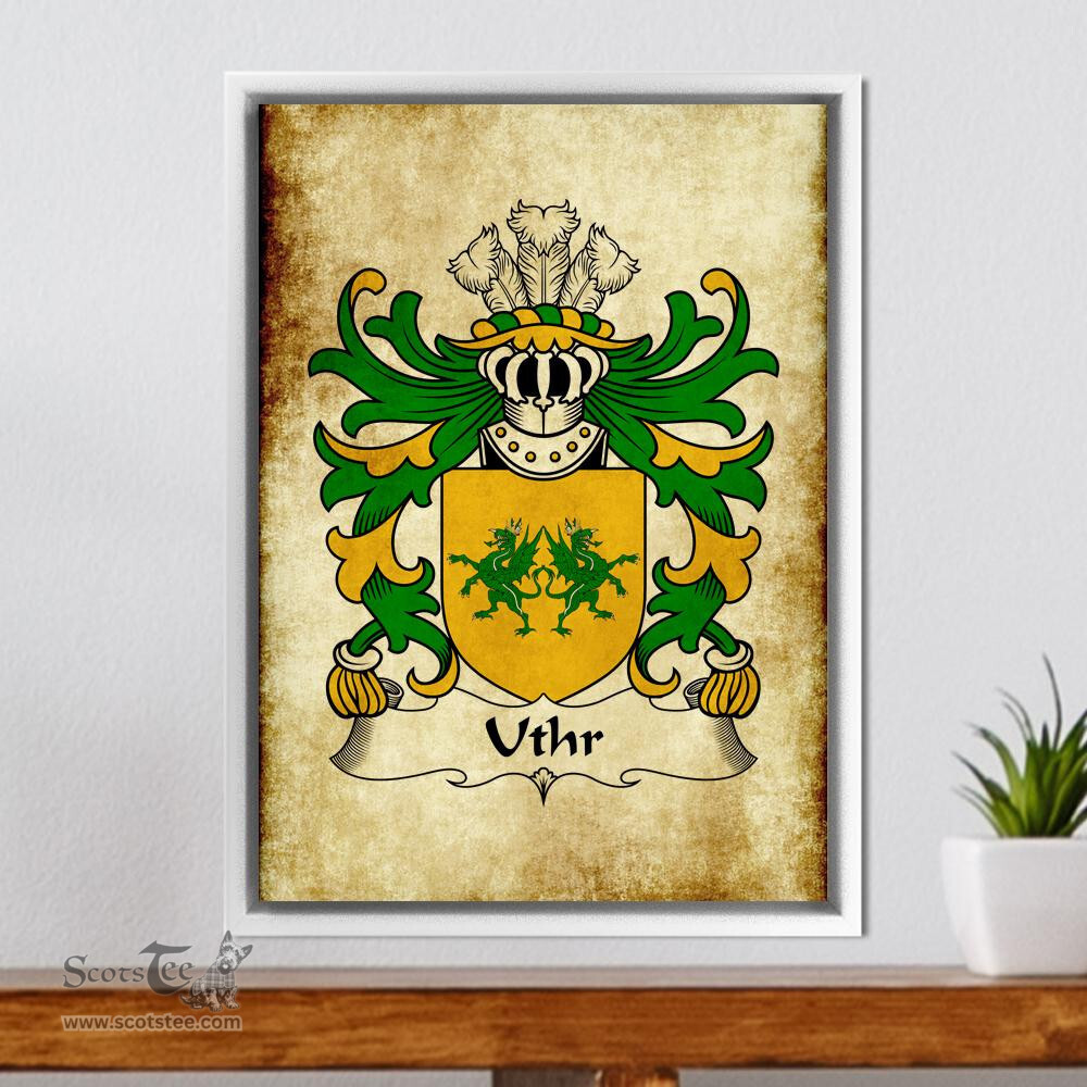 ScotsTee Shop Welsh Uthr (PENDRAGON, Father of King Arhtur) Coat of Arms Family Crest Welsh Framed Canvas Print