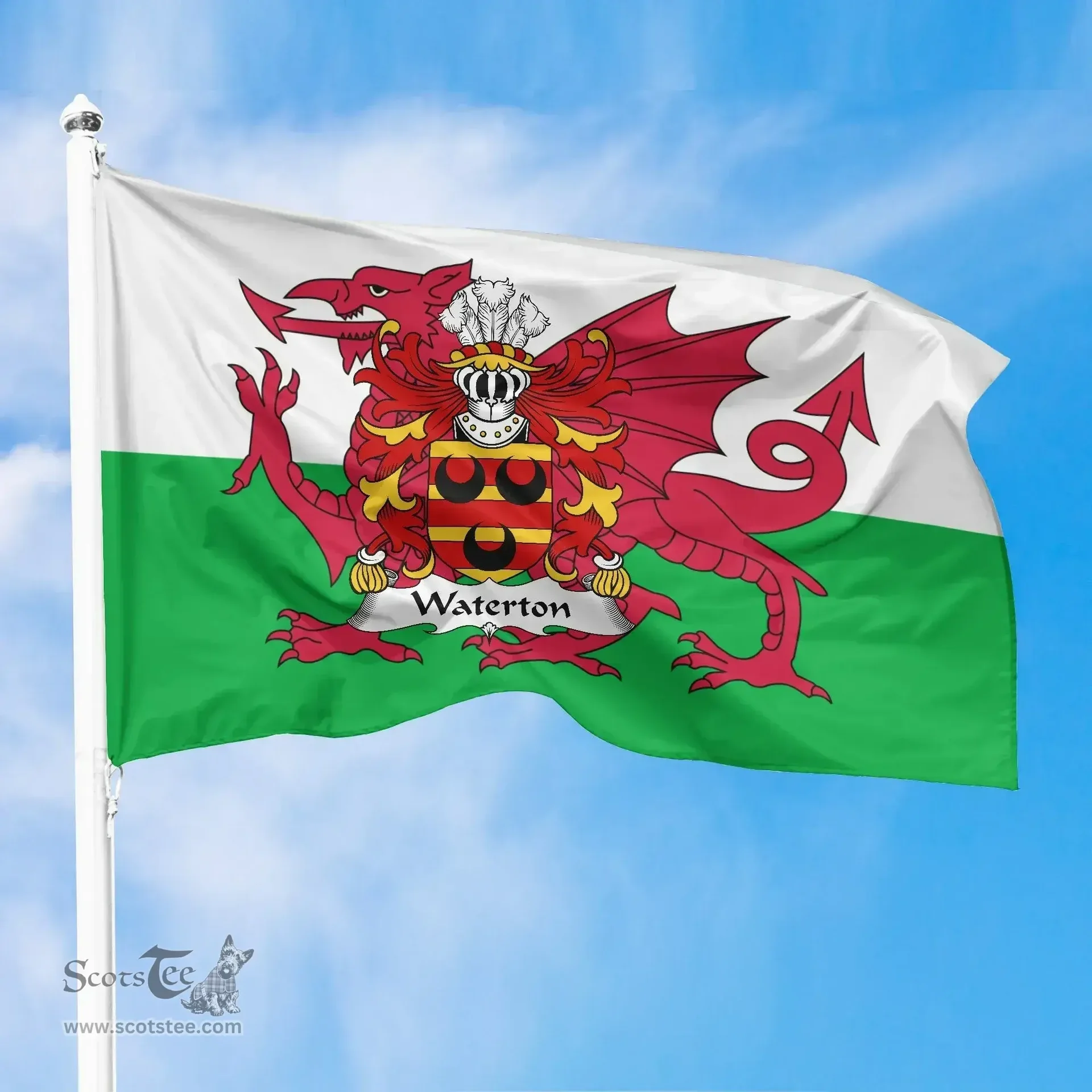 ScotsTee Shop Welsh Waterton (of Herefordshire) Coat of Arms Welsh Family Crest Flag The Red Dragon The Flag of Wales
