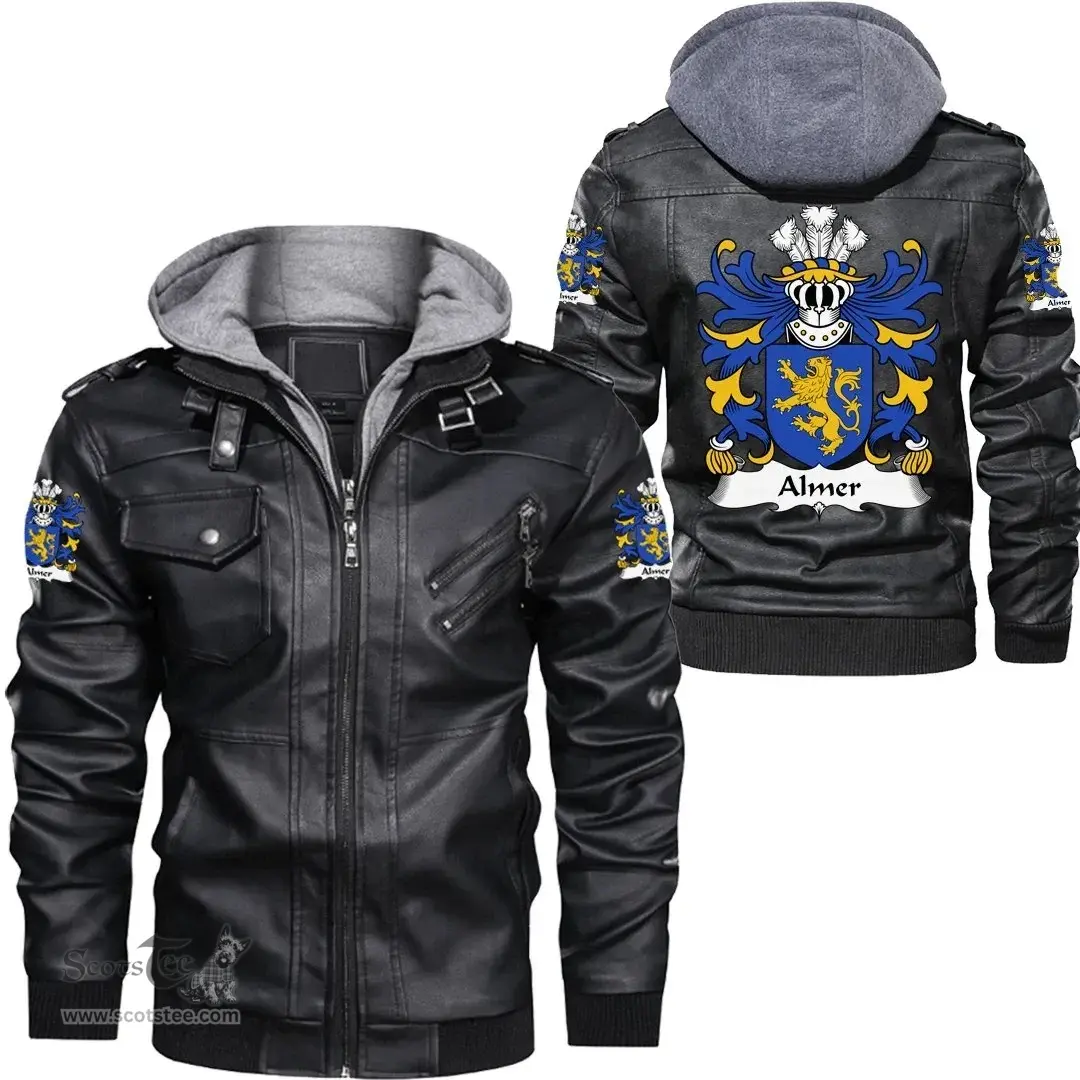 ScotsTee Shop Welsh Almer (of Pant locyn, Denbighshire) Coat of Arms Family Crest Wales Leather Jacket
