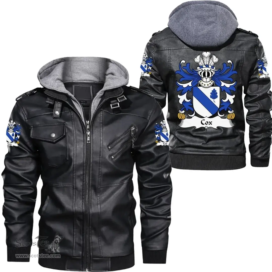 ScotsTee Shop Welsh Cox (of Norton, Monmouthshire) Coat of Arms Family Crest Wales Leather Jacket