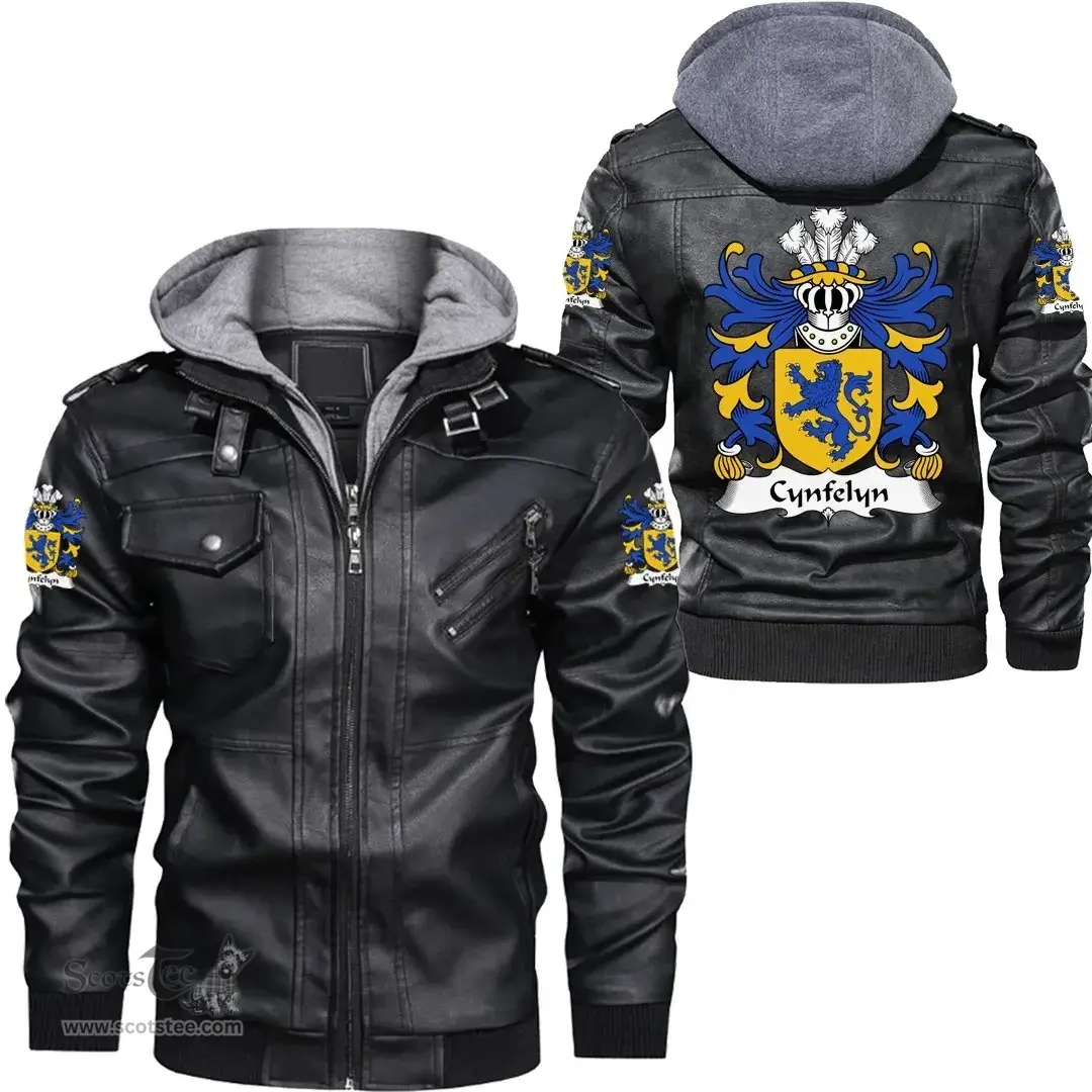 ScotsTee Shop Welsh Cynfelyn (AP DOLFFIN) Coat of Arms Family Crest Wales Leather Jacket