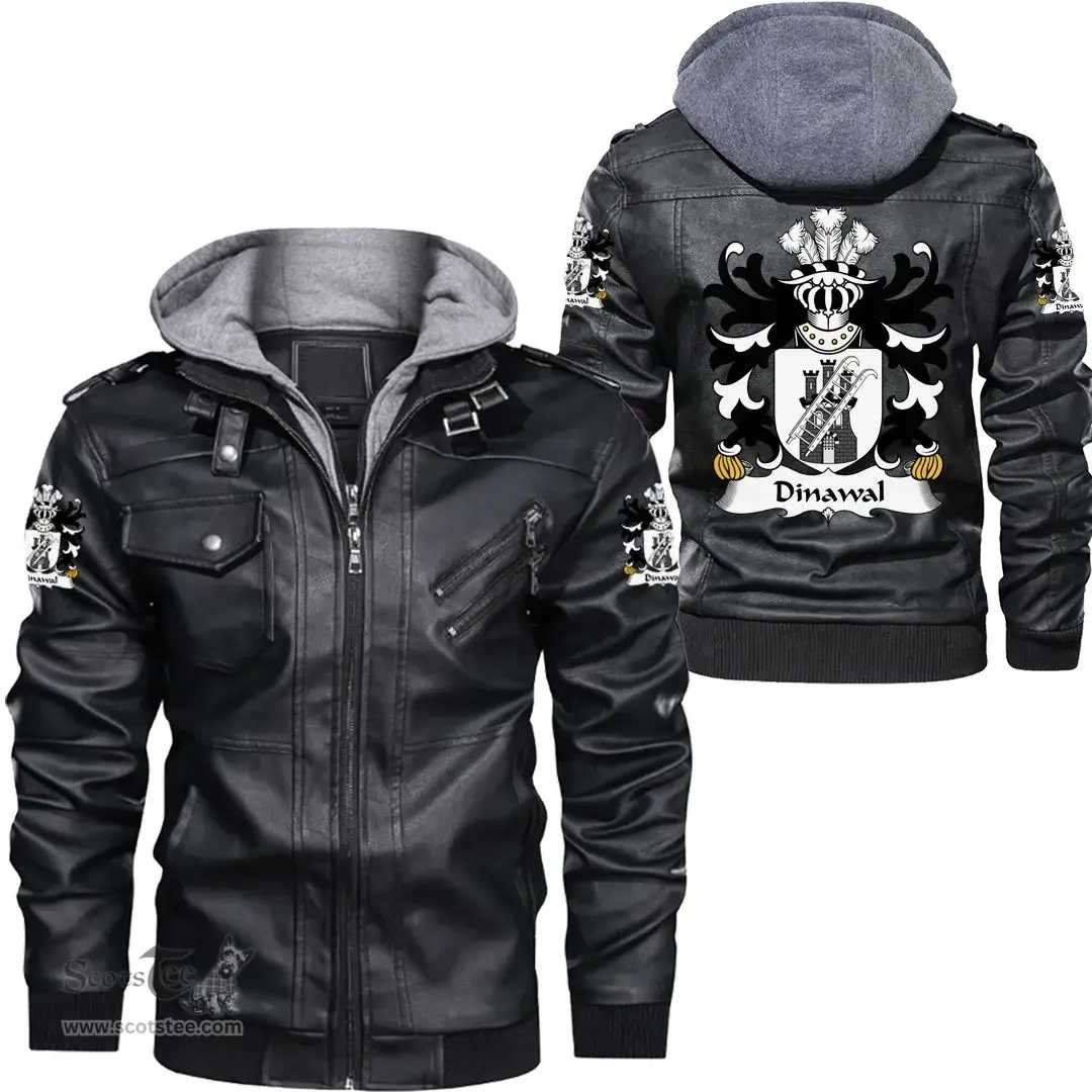 ScotsTee Shop Welsh Dinawal (Descended from Tydwal Gloff) Coat of Arms Family Crest Wales Leather Jacket