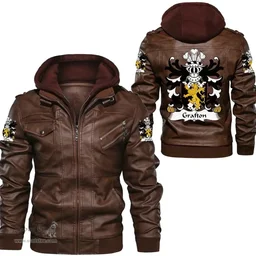 ScotsTee Shop Welsh Grafton (of Carew, Pembrokeshire) Coat of Arms Family Crest Wales Leather Jacket