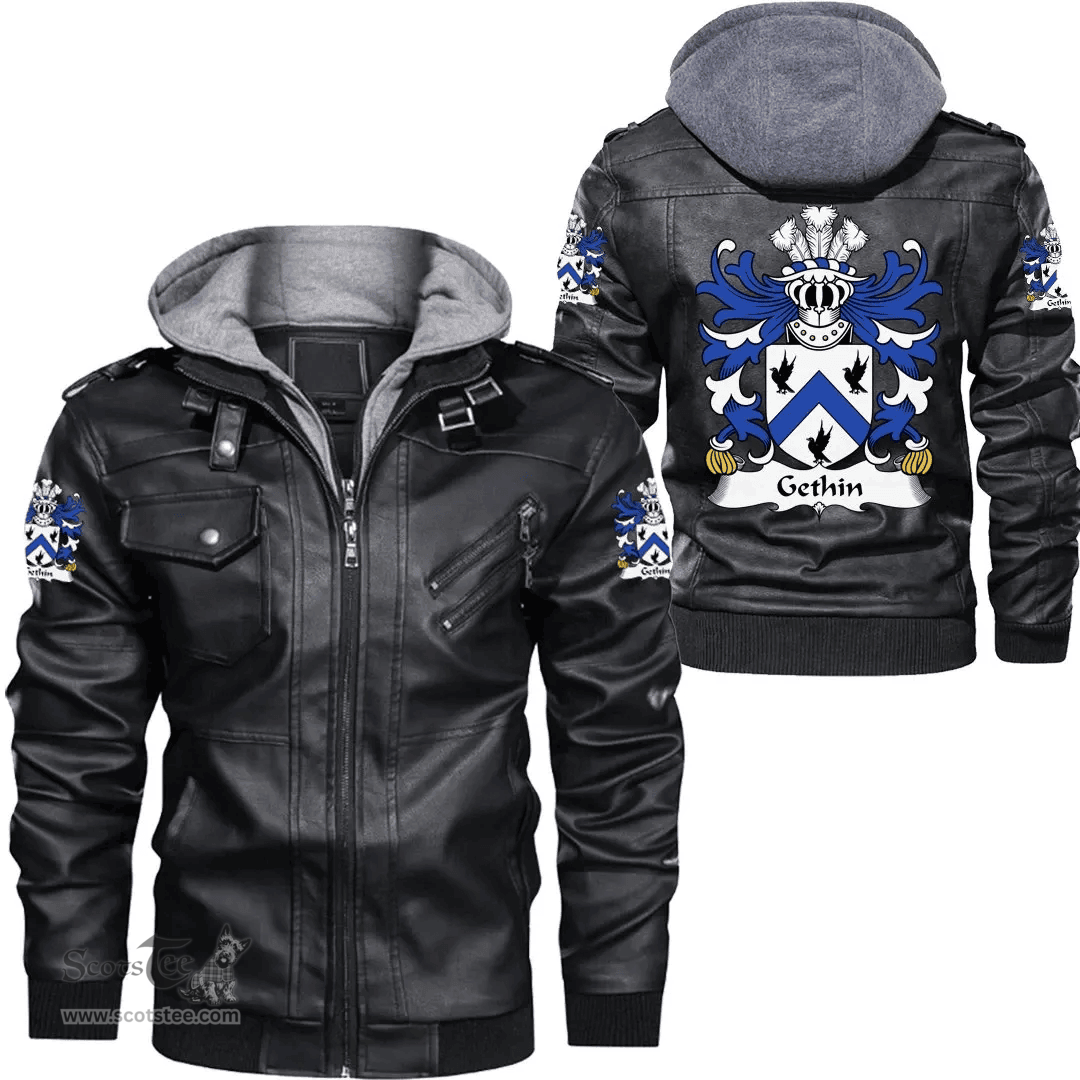 ScotsTee Shop Welsh Gethin (a soldier in Normandy in 1430?s) Coat of Arms Family Crest Wales Leather Jacket