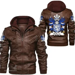 ScotsTee Shop Welsh Holland (of Conwy, Caernarfonshire) Coat of Arms Family Crest Wales Leather Jacket