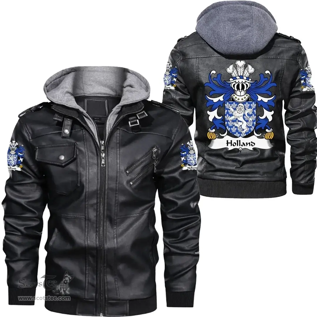 ScotsTee Shop Welsh Holland (of Conwy, Caernarfonshire) Coat of Arms Family Crest Wales Leather Jacket