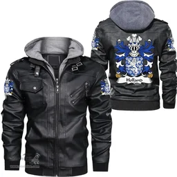 ScotsTee Shop Welsh Holland (of Conwy, Caernarfonshire) Coat of Arms Family Crest Wales Leather Jacket