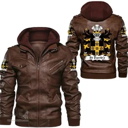 ScotsTee Shop Welsh Stanley (of Ewloe, Flint) Coat of Arms Family Crest Wales Leather Jacket