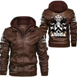 ScotsTee Shop Welsh Ravenscroft (of Bretton, Hawarden, Flint) Coat of Arms Family Crest Wales Leather Jacket