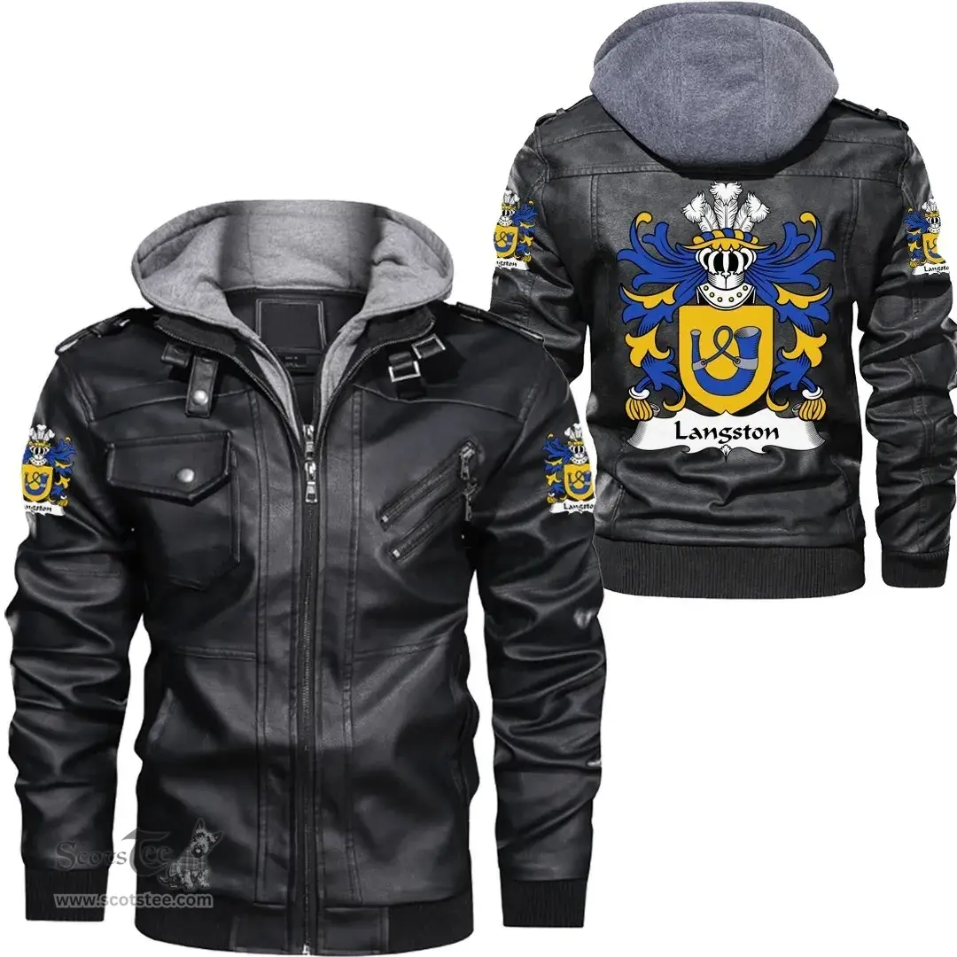 ScotsTee Shop Welsh Langston (of Langiston, Monmouthshire) Coat of Arms Family Crest Wales Leather Jacket