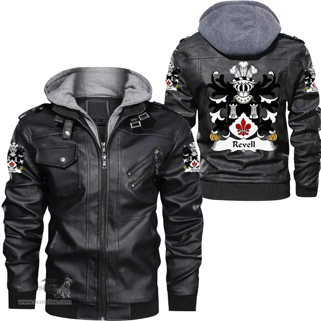 ScotsTee Shop Welsh Revell (of Cilgerran, Pembrokeshire) Coat of Arms Family Crest Wales Leather Jacket