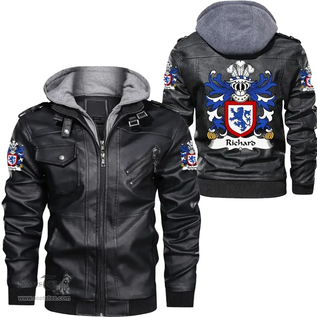 ScotsTee Shop Welsh Richard (IARLL KLAR, Earl of Clare) Coat of Arms Family Crest Wales Leather Jacket