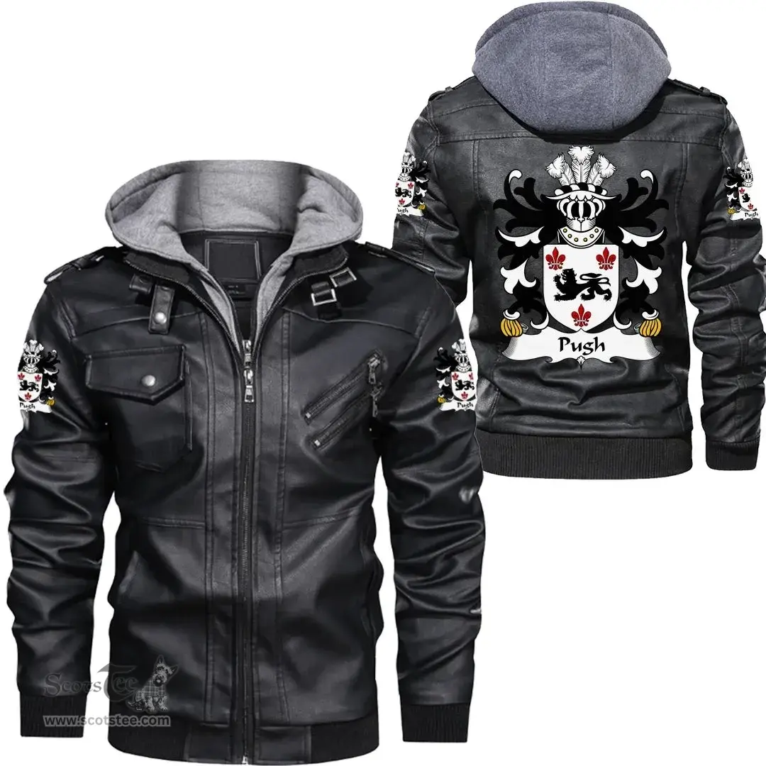 ScotsTee Shop Welsh Pugh (of Mathafarn, Llanwrin, Montgomeryshire) Coat of Arms Family Crest Wales Leather Jacket