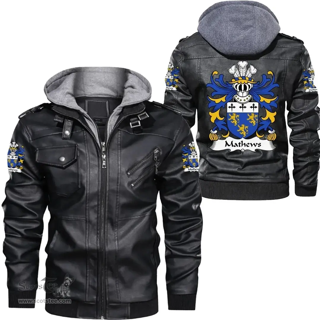 ScotsTee Shop Welsh Mathews (of Blodwel, Llanyblodwel, Shropshire) Coat of Arms Family Crest Wales Leather Jacket