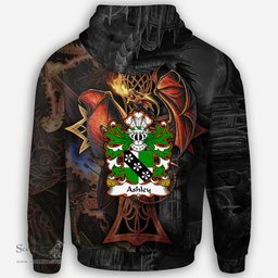 ScotsTee Shop Welsh Ashley Caernarfon Coat of Arms Family Crest Wales Hoodie Celtic Cross and Dragon With Sword Hoodie