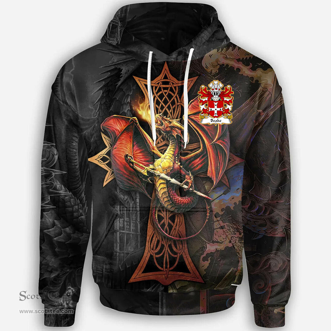 ScotsTee Shop Welsh Beake of Caernarfon Coat of Arms Family Crest Wales Hoodie Celtic Cross and Dragon With Sword Hoodie