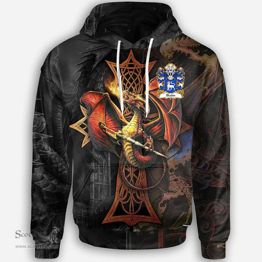 ScotsTee Shop Welsh Blaidd Y Blaidd Rhudd or Gest Coat of Arms Family Crest Wales Hoodie Celtic Cross and Dragon With Sword Hoodie
