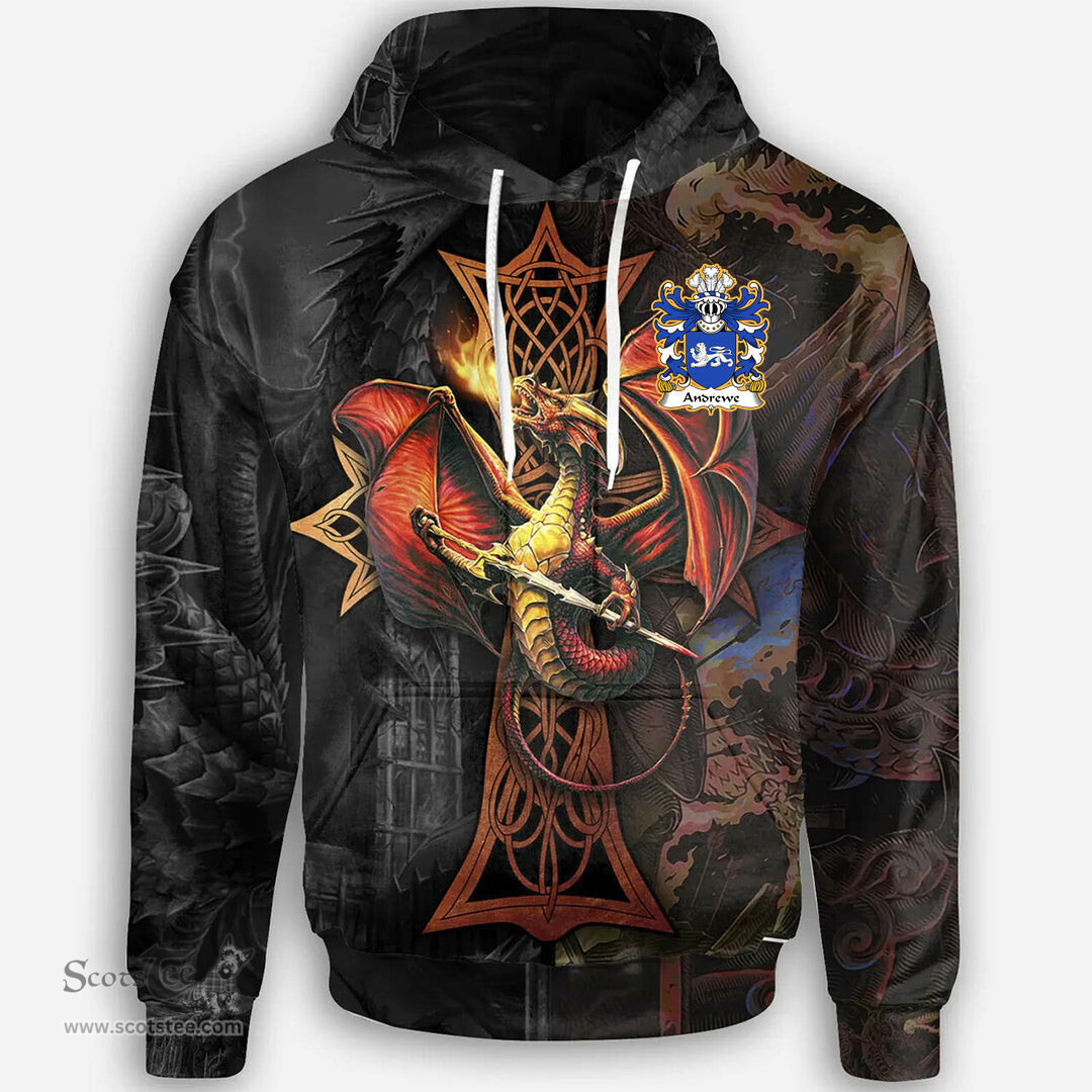 ScotsTee Shop Welsh Andrewe of Herefordshire Coat of Arms Family Crest Wales Hoodie Celtic Cross and Dragon With Sword Hoodie