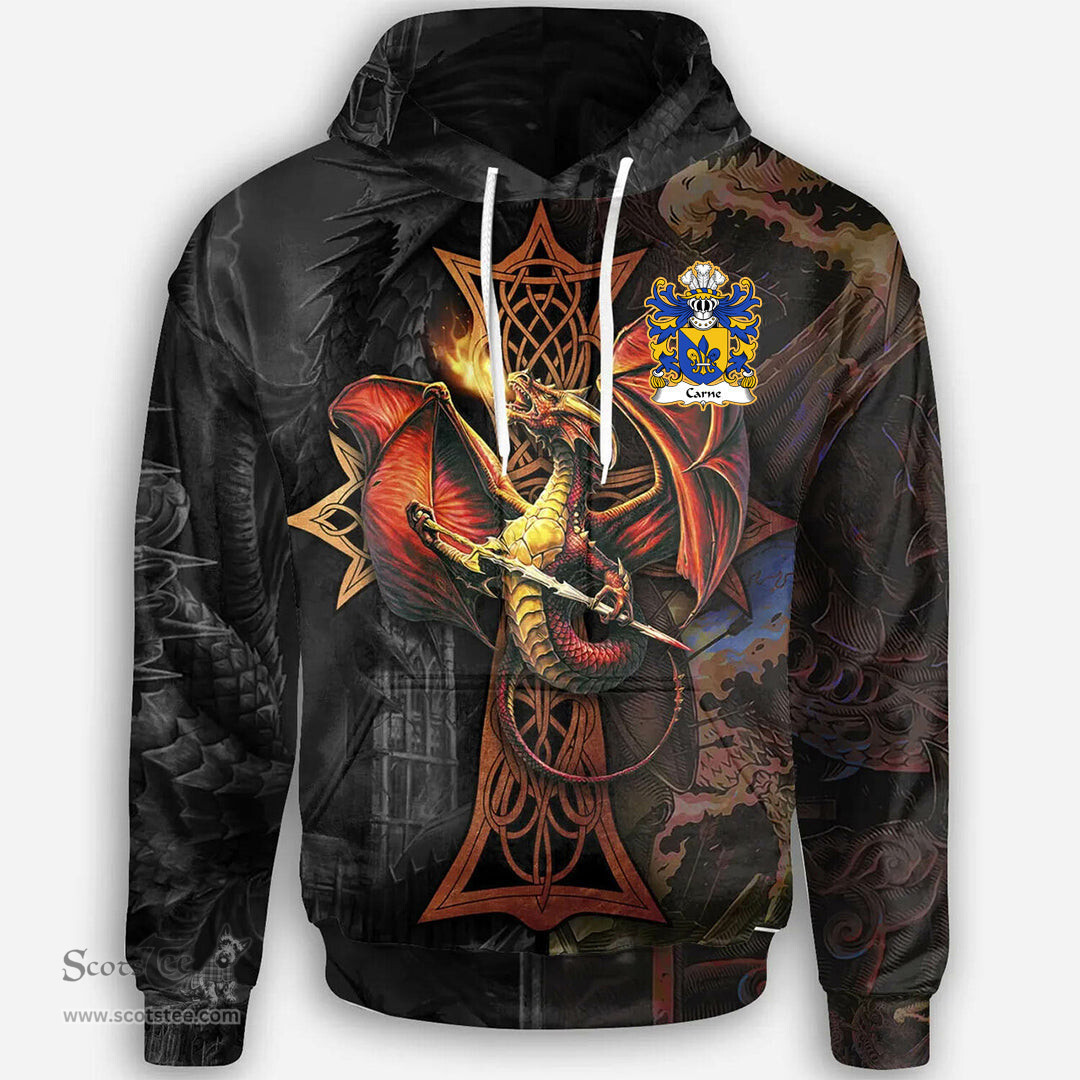 ScotsTee Shop Welsh Carne of Nash and Ewenni Glamorgan Coat of Arms Family Crest Wales Hoodie Celtic Cross and Dragon With Sword Hoodie