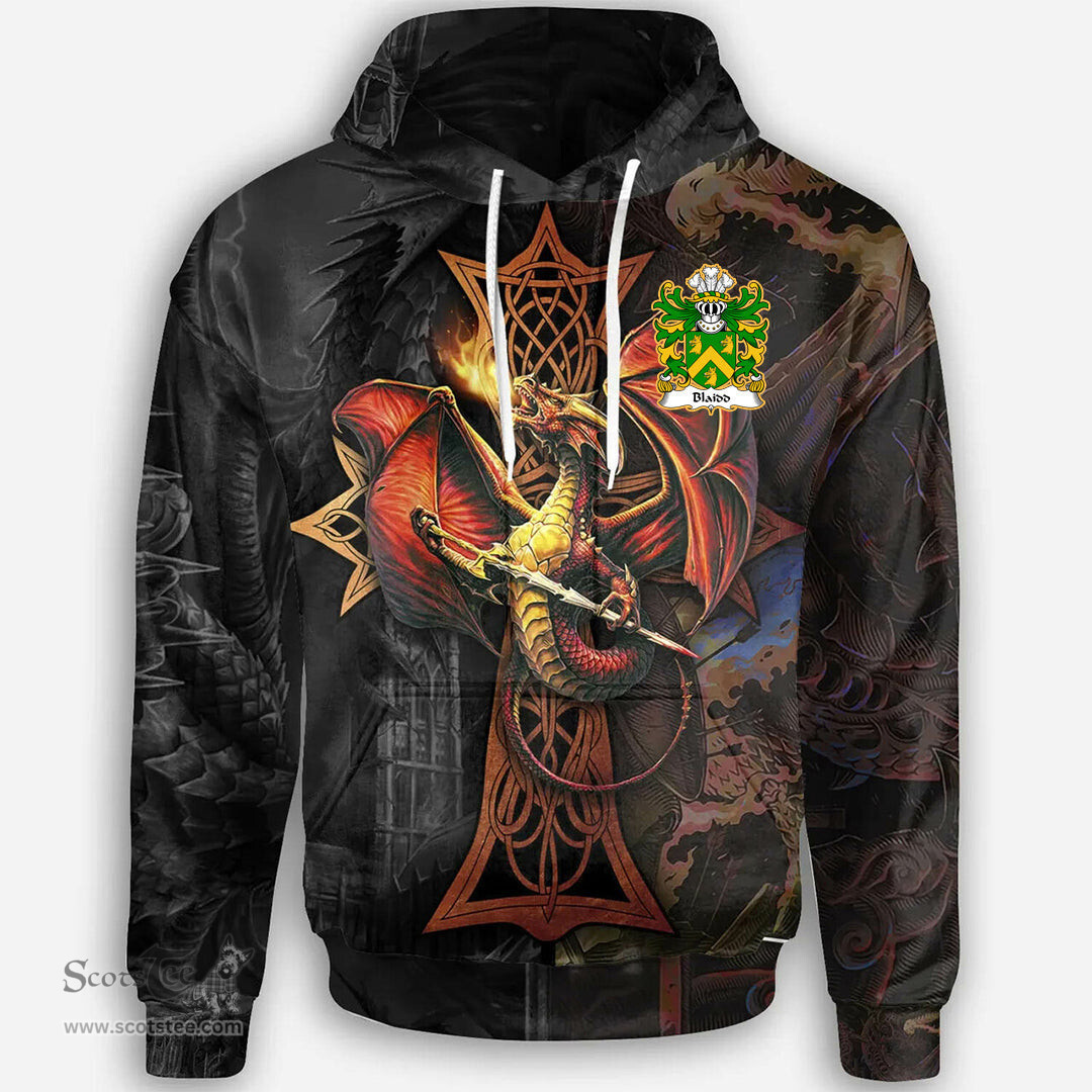 ScotsTee Shop Welsh Blaidd AB ELFARCH Coat of Arms Family Crest Wales Hoodie Celtic Cross and Dragon With Sword Hoodie