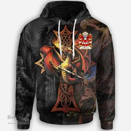 ScotsTee Shop Welsh Catharne of Prendergast Coat of Arms Family Crest Wales Hoodie Celtic Cross and Dragon With Sword Hoodie