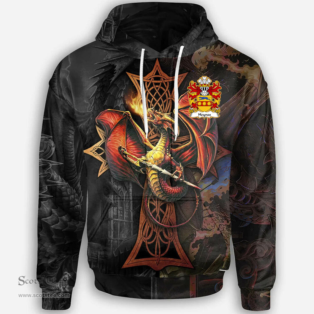 ScotsTee Shop Welsh Heynes of Stretton Shropshire ap John Heynes Coat of Arms Family Crest Wales Hoodie Celtic Cross and Dragon With Sword Hoodie