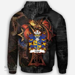 ScotsTee Shop Welsh Lloyd of Foxhal Henllan Denbighshire Coat of Arms Family Crest Wales Hoodie Celtic Cross and Dragon With Sword Hoodie