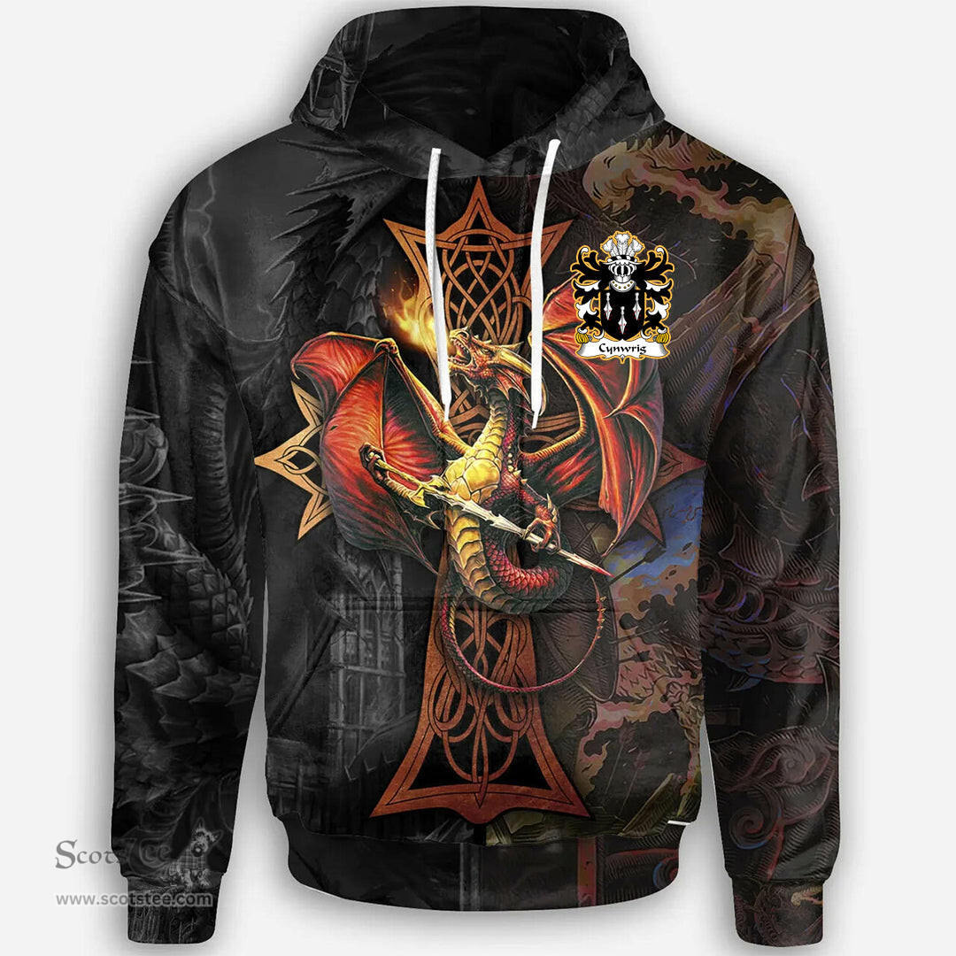 ScotsTee Shop Welsh Cynwrig SAIS Coat of Arms Family Crest Wales Hoodie Celtic Cross and Dragon With Sword Hoodie
