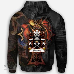 ScotsTee Shop Welsh Fletcher of Denbighshire Coat of Arms Family Crest Wales Hoodie Celtic Cross and Dragon With Sword Hoodie
