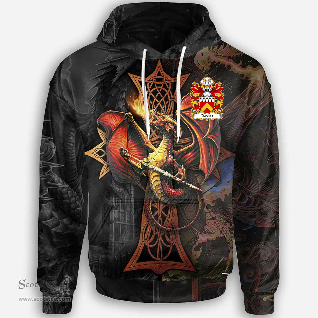 ScotsTee Shop Welsh Davies of Caerhun Caernarfonshire Coat of Arms Family Crest Wales Hoodie Celtic Cross and Dragon With Sword Hoodie