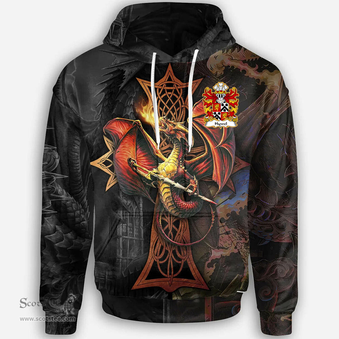 ScotsTee Shop Welsh Hywel AP DAFYDD AP THOMAS Coat of Arms Family Crest Wales Hoodie Celtic Cross and Dragon With Sword Hoodie