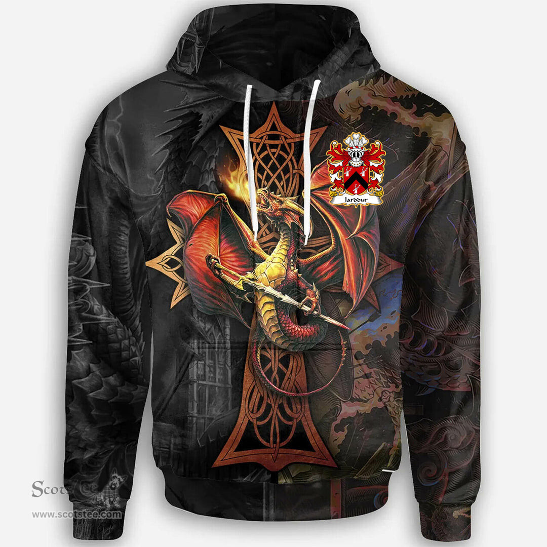ScotsTee Shop Welsh Iarddur AP CYNDDELW Coat of Arms Family Crest Wales Hoodie Celtic Cross and Dragon With Sword Hoodie