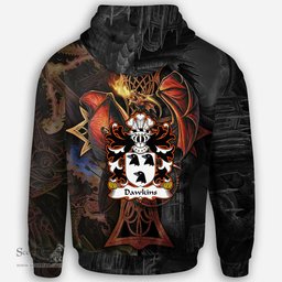 ScotsTee Shop Welsh Dawkins of Laugharne Carmarthenshire Coat of Arms Family Crest Wales Hoodie Celtic Cross and Dragon With Sword Hoodie