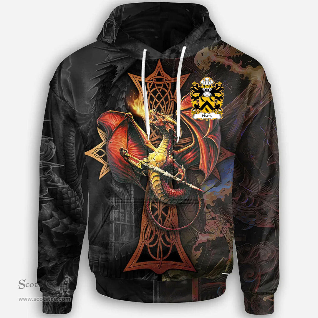 ScotsTee Shop Welsh Harry AP THOMAS Coat of Arms Family Crest Wales Hoodie Celtic Cross and Dragon With Sword Hoodie