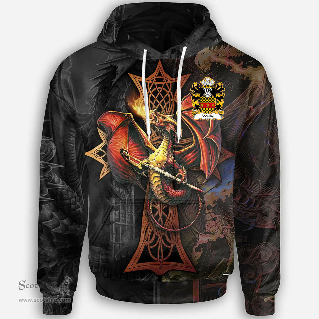 ScotsTee Shop Welsh Wallis of Llan arth Monmouthshire Coat of Arms Family Crest Wales Hoodie Celtic Cross and Dragon With Sword Hoodie