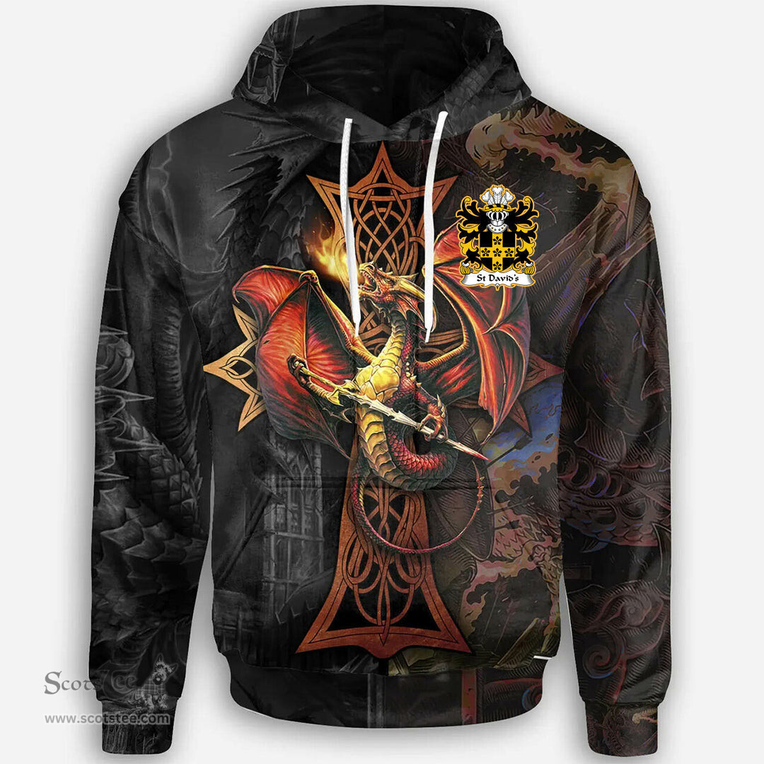ScotsTee Shop Welsh St Davids Diocese of Coat of Arms Family Crest Wales Hoodie Celtic Cross and Dragon With Sword Hoodie