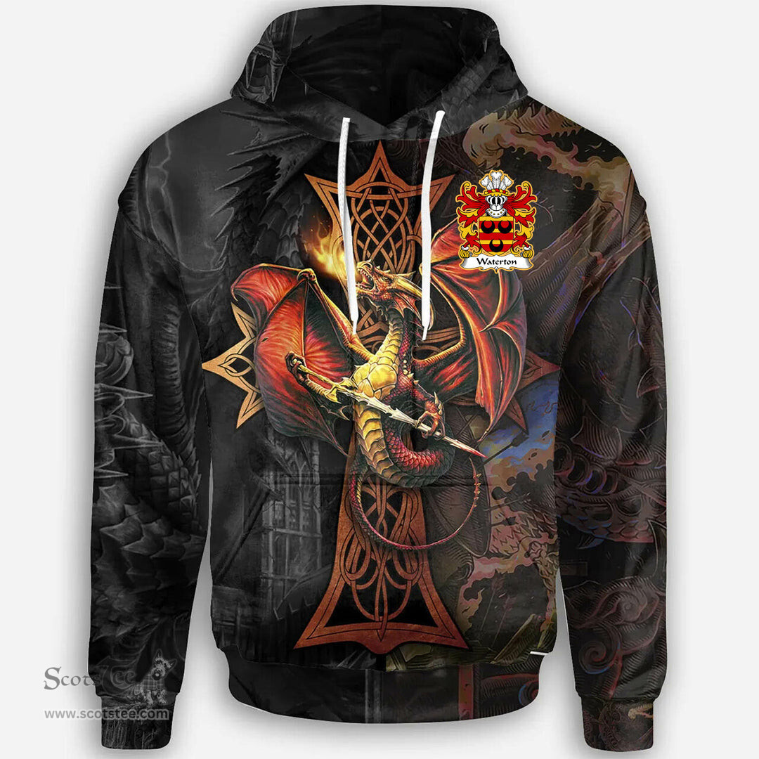 ScotsTee Shop Welsh Waterton of Herefordshire Coat of Arms Family Crest Wales Hoodie Celtic Cross and Dragon With Sword Hoodie