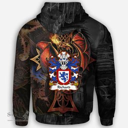 ScotsTee Shop Welsh Richard IARLL KLAR Earl of Clare Coat of Arms Family Crest Wales Hoodie Celtic Cross and Dragon With Sword Hoodie