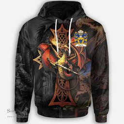 ScotsTee Shop Welsh Tegerin AP CARWED of Anglesey Coat of Arms Family Crest Wales Hoodie Celtic Cross and Dragon With Sword Hoodie