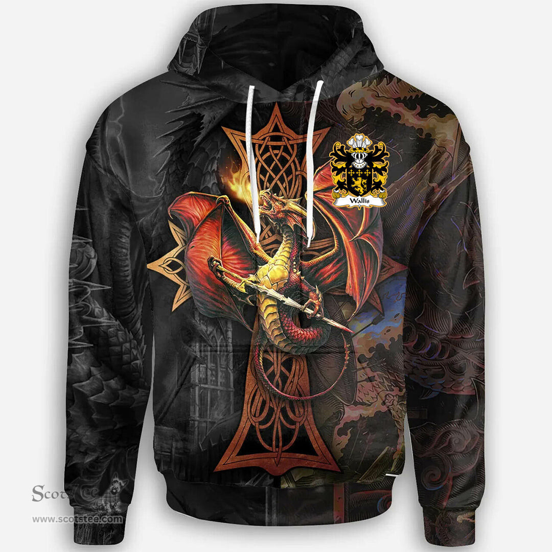 ScotsTee Shop Welsh Wallis or Welsh of Llan wern Monmouthshire Coat of Arms Family Crest Wales Hoodie Celtic Cross and Dragon With Sword Hoodie