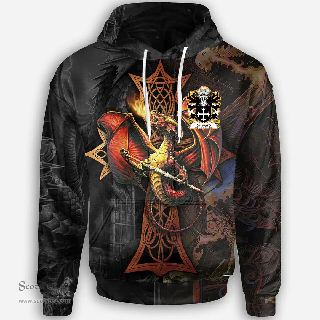 ScotsTee Shop Welsh Syward or Siward lord of Rhutin Glamorgan Coat of Arms Family Crest Wales Hoodie Celtic Cross and Dragon With Sword Hoodie