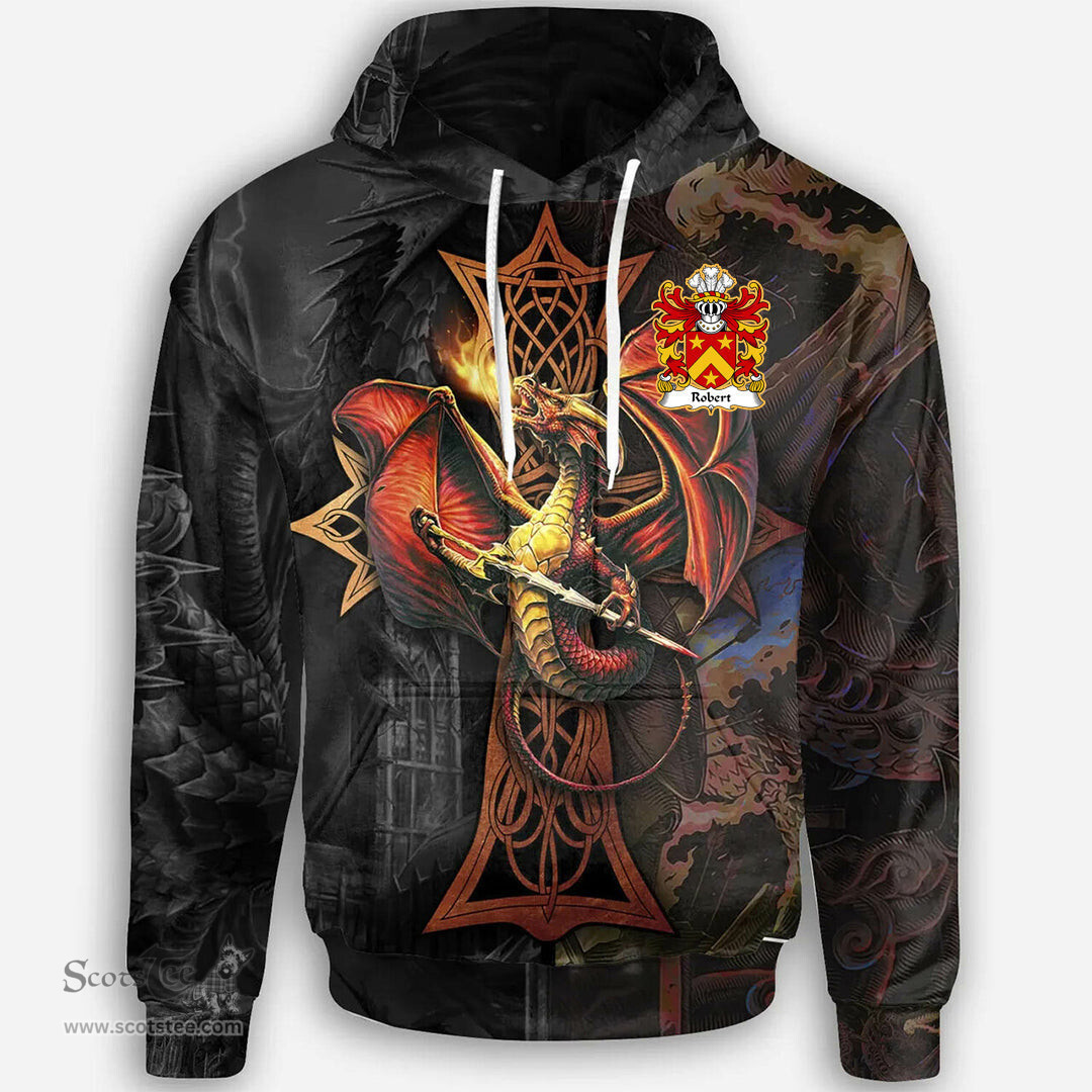 ScotsTee Shop Welsh Robert AP GRUFFUDD Coat of Arms Family Crest Wales Hoodie Celtic Cross and Dragon With Sword Hoodie