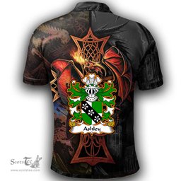 ScotsTee Shop Welsh Ashley Caernarfon Coat of Arms Family Crest Wales Polo Shirt Celtic Cross and Dragon With Sword Polo Shirt