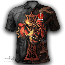 ScotsTee Shop Welsh Elystan GLODRYDD Coat of Arms Family Crest Wales Polo Shirt Celtic Cross and Dragon With Sword Polo Shirt
